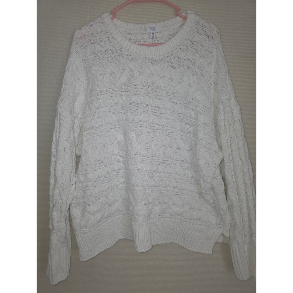 Time and Tru Womens XXL White Cable Knit Crewneck Sweater Pullover Long Sleeve